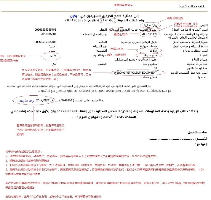 沙特签证商会邀请函上都有哪些信息？